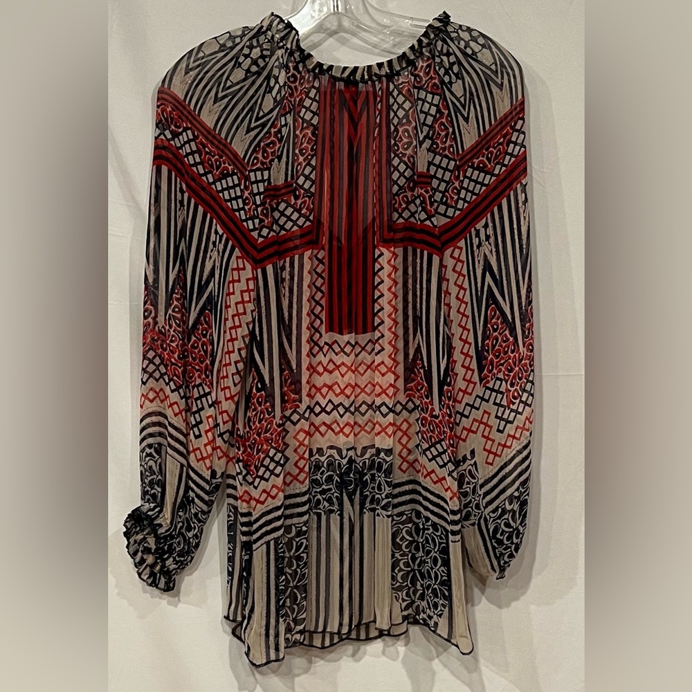 Lucky Brand Vintage Boho Red Tan Blue‎ Ruffle Cuff Sheer Blouse Medium - Picture 3 of 7